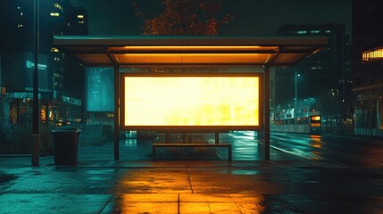 Canvas Print - Nighttime scene of a bus stop with a bright yellow light, suitable for use in cityscape or urban environments