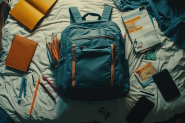 Poster - A blue backpack sits on top of a bed, possibly used for travel or outdoor adventures