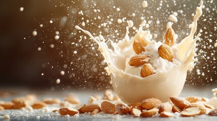 Whole almonds burst from a dynamic splash of creamy almond milk, illustrating the natural, rich taste and energy of plant-based, dairy-free beverages.