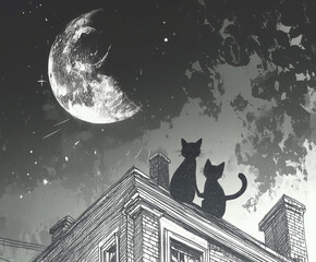  A charming and romantic scene of two cats sitting on a rooftop, gazing at a large full moon in the starry night sky. Their silhouettes create a peaceful and tender moment, capturing the magic of felin