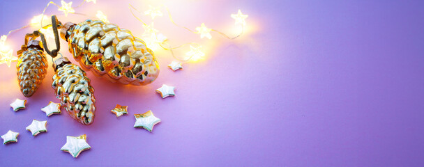 Wall Mural - christmas banner or greeting card background with christmas light and decoration