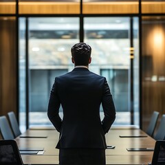 Poster - A man in a suit stands in a modern conference room, looking out through large windows.