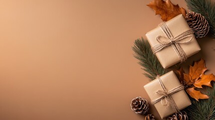 Golden autumn leaves and rustic pinecones accompany two elegantly wrapped gift boxes, creating a seasonal ambiance on a textured brown background.