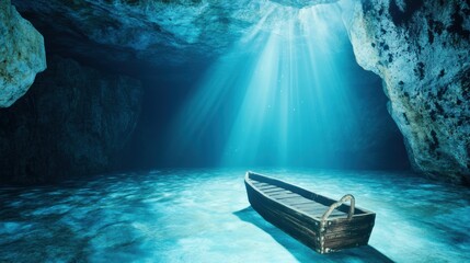 Poster - Tranquil Cave with Boat Under Serene Light Rays