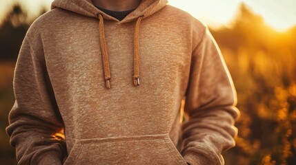 A person is seen casually wearing a hoodie, hands tucked into pockets, against a golden-hued background, suggesting relaxation, comfort, and modern style.