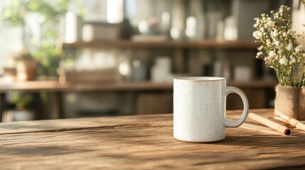 A speckled ceramic mug sits on a wooden table, accentuated with dried flowers and a sunlit backdrop, emanating a rustic and homey morning atmosphere.