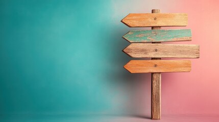 A set of weathered wooden directional signs set against a colorful backdrop, offering a charming and rustic look, hinting at guidance and decisions.