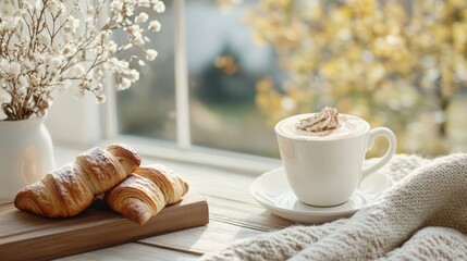 A serene morning scene with two croissants and a frothy cappuccino on a wooden board, next to a window framed by dried flowers, exuding warmth and coziness.