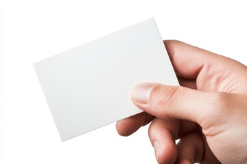 Close-up of a hand holding a blank white card, isolated on white background, perfect for business card mockups, identification concepts, or branding visuals