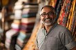 © antusher - Smiling Indian fabric store owner standing in shop with colorful fabrics, natural lighting