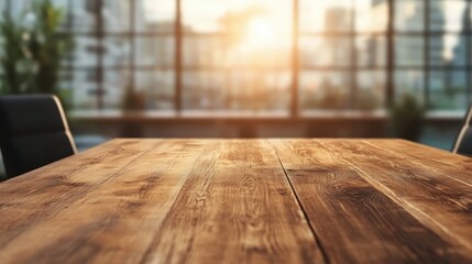 A beautifully sunlit wooden table in a modern office setting with large glass windows, offering a warm and inviting workspace feel and ambient atmosphere.