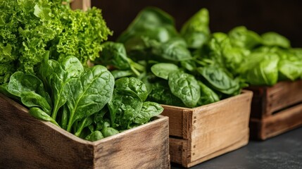 Wooden crates brimming with fresh leafy greens, showcasing a variety of healthy vegetables neatly organized, evoking garden-fresh allure and wholesome appeal.