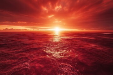 Poster - Capture an aerial view of a crimson sea under a fiery sky, showcasing ripples and waves in bold red hues, evoking a sense of mystery 