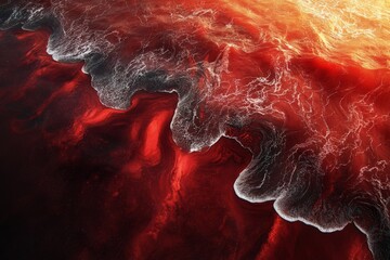 Poster - Capture an aerial view of a crimson sea under a fiery sky, showcasing ripples and waves in bold red hues, evoking a sense of mystery 