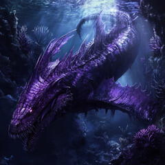 Poster - Purple sea monster with dragon head is hunting deep underwater, fantasy creature
