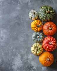 Colorful Pumpkins and Squashes on Gray Background Flat Lay