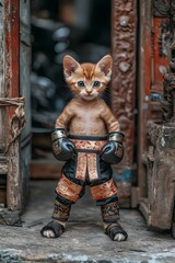 Playful Cat in Unique Outfit Standing on Two Legs