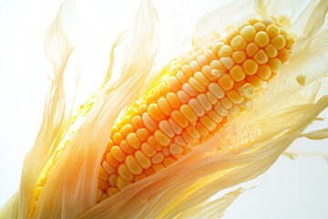 Poster - Fresh corn cob with bright yellow kernels gleaming on solid white background, single object.