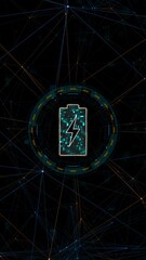 Poster - Motion graphic of Blue digital battery logo with circle futuristic HUD elements and orange line connection with power reserve concepts on vertical abstract background