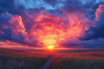 majestic sunset painting the sky over a serene field clouds rolling with vibrant colors capturing the beauty of nature in a breathtaking timelapse scene