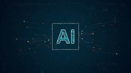 Poster - Motion graphic of Blue digital AI assistant logo with particles dot spread on abstract background with Ai chatbot and robot machine learning technology concept