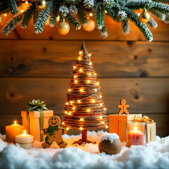 a brightly lit christmas tree in the snow