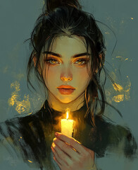 Wall Mural - sketch of an elegant woman holding in her hand, glowing candle light on the flame is reflected on his face