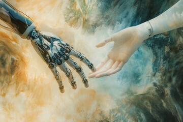 Poster - In an oil painting style, depict an aerial view of a robotic hand and a human hand intertwined, set in a vibrant virtual reality landscape.