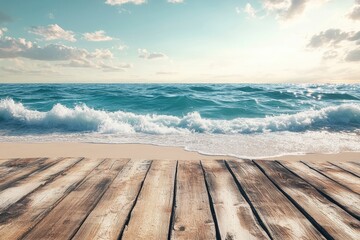 Wall Mural - Empty natural summer beach view with ocean waves and wooden deck in the foreground, summer vacations background with generative ai