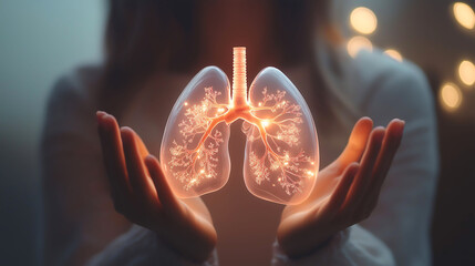 Woman hands holding a realistic model of human lungs with glowing bronchial tubes inside, The lung model symbolizes healthy, clean airways, Healthy life concept
