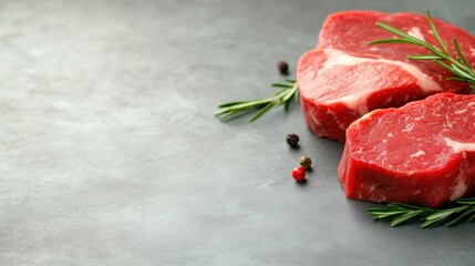 Slices of fresh beef are artistically arranged with rosemary sprigs and colorful peppercorns, creating a delightful setup for a gourmet cooking experience.