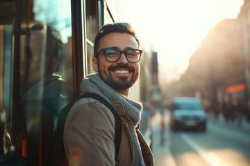 Poster - A person waiting for the bus with a backpack and glasses, ideal for scenes about travel or daily life