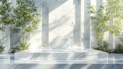 Poster - A white marble platform with greenery in the background, ideal for use in presentations or as a decorative element