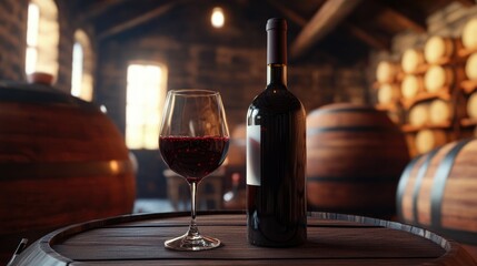 Canvas Print - A bottle of wine and a glass placed on a wooden barrel, ideal for rustic or vintage-themed settings