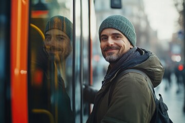Poster - A man standing in front of a bus on a busy city street