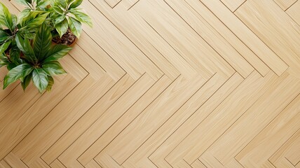 Green plant on a stylish wood floor with a herringbone pattern. Bamboo eco-friendly furniture concept