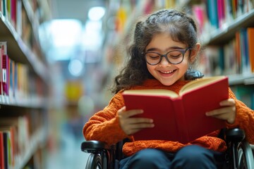 Canvas Print - A young girl sits comfortably in her wheelchair, engrossed in a book