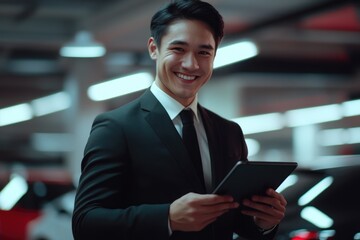 Canvas Print - A man in a suit holding a tablet computer