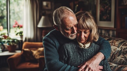 Poster - A couple embracing each other on a cozy couch, great for romantic occasions or family scenes