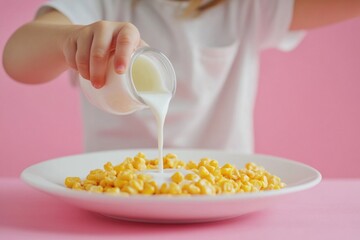 Sticker - A person pours milk into a bowl containing corn