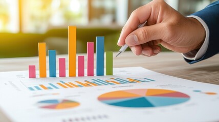 Hand analyzing colorful charts and graphs on a desk with modern office background.