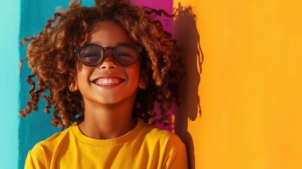 A child wearing glasses and a yellow shirt, laughing heartily with curly hair, framed by a playful orange-blue backdrop, embodying joy and youthful spontaneity.