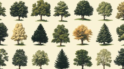 Collection of Illustrated Trees with Varying Foliage and Colors