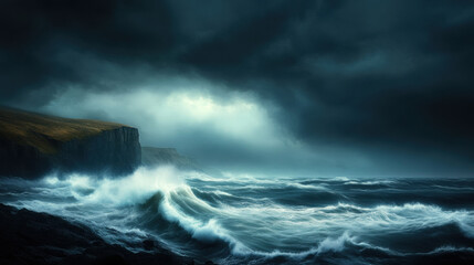 Wall Mural - stormy night over rocky coastline with dramatic waves crashing against shore creates powerful and mo