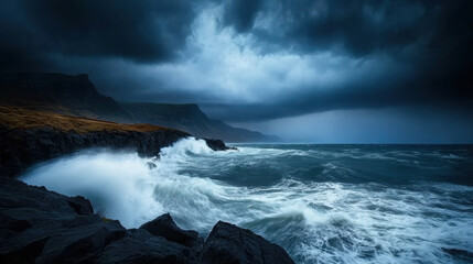 Wall Mural - stormy night over rocky coastline with dramatic waves crashing against shore creates powerful and in