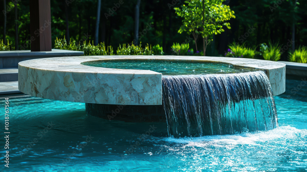 A cascading fountain with water flowing in controlled patterns ...