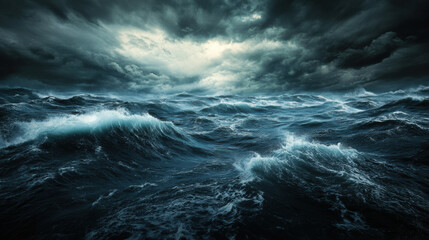 Wall Mural - turbulent ocean during storm with dark, churning waves creates dramatic and intense atmosphere. powe