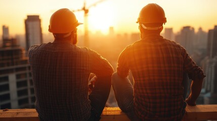 Two construction workers, wearing hard hats, sit on a high beam at sunset, watching the cityscape, reflecting on hard work, camaraderie, and the beauty of human endeavor.