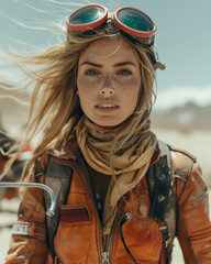 Poster - vintage enduro motorcycle and a beautiful young smiling woman, race competition