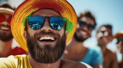 A cheerful bearded man with sunglasses and a vibrant hat enjoys a sunny day, surrounded by friends, exuding a sense of camaraderie and joy.